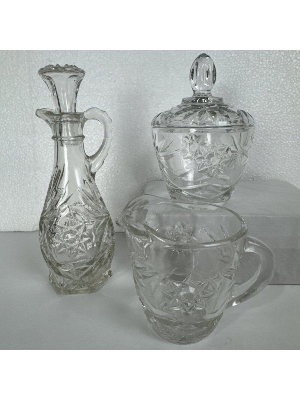 Vtg Anchor Hocking Starburst Glass 3 Piece Set Creamer Sugar Bowl Cruet octagram